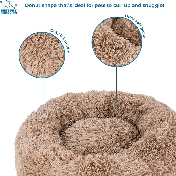 Best Pet Supplies Round Donut Dog Bed with Plush Faux Fur Fabric, Calming, Anti-Anxiety Cushion for Indoor Pets, Slip-Resistant Base, Soft Ergonomic Support - Caramel, 20x20x6''