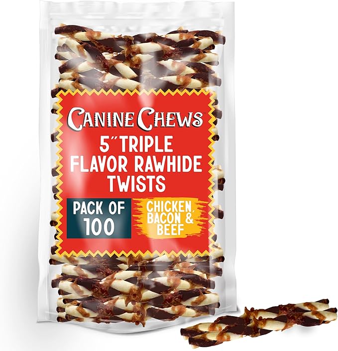 Canine Chews 5" Triple Flavor Rawhide Stick Twists for Small Dogs Dog Treat Dental Stick Chicken, Pork, Beef Flavor Chew Toy (100 Pack)