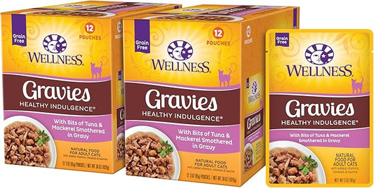 Wellness Healthy Indulgence Gravy Adult Wet Cat Food, Natural, Protein-Rich, Grain Free, 3 Ounce Pouch, 24 Pack, (Tuna & Mackerel)