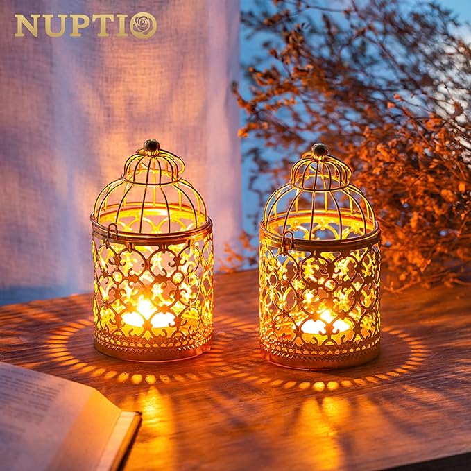 6 Pcs Small Metal Tealight Hanging Birdcage Lantern, Vintage Decorative Centerpieces of Wedding, Party, Gold