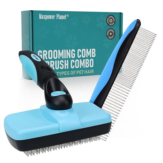 Maxpower Planet Pet Grooming Brush - Double Sided Shedding and Dematting Undercoat Rake Comb for Dogs and Cats,Extra Wide (C2 - Brush & Comb, Large)