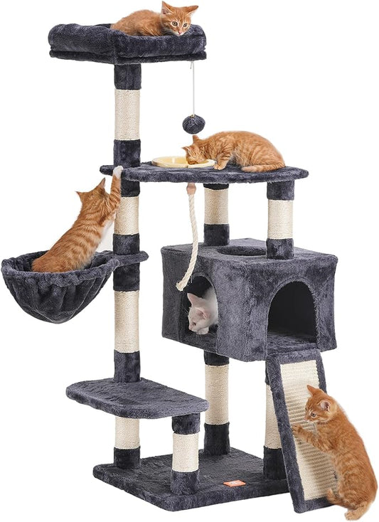 Heybly Cat Tree, Cat Tower for Indoor Cats with Scratching Board, Multi-Level Cat Furniture Condo with Feeding Bowl, Smoky Gray HCT010G