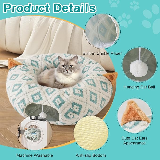 Cat Tunnel Bed with Soft Cushion, Cat Donut Tunnels for Indoor Cats, Peekaboo Cat Cave Toy, Multifunctional Playground Toys for Kittens, Rabbit, Blue Jacquard Pattern