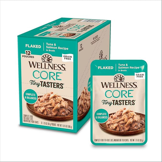 Wellness CORE Tiny Tasters Flaked Adult Wet Cat Food, Natural, Protein-Rich, Grain Free, 1.75-Ounce Pouch, 12 Pack, (Tuna & Salmon)