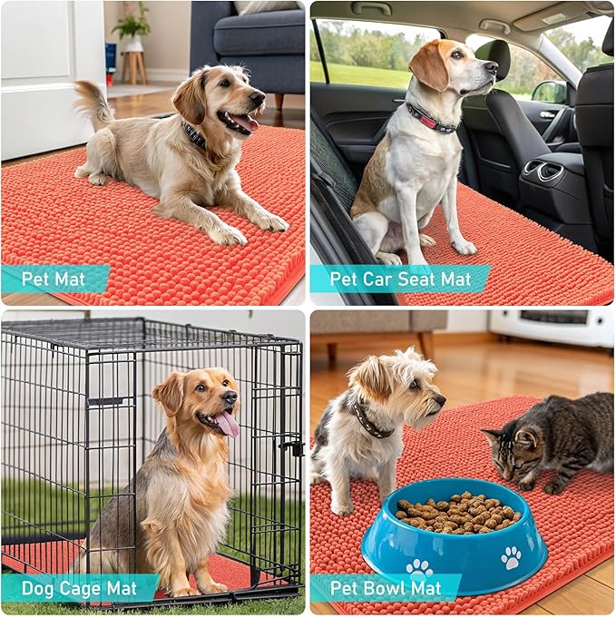 OLANLY Dog Door Mat for Muddy Paws 47x32, Absorbs Moisture and Dirt, Absorbent Non-Slip Washable Doormat, Quick Dry Chenille Mud Mat for Dogs, Entry Indoor Entryway Carpet for Inside Floor, Coral