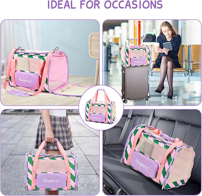 BurgeonNest Cat Carrier, Dog Cat Carriers for Large Medium Cats Under 20 lbs, Soft Sided Pet Carrier, Collapsible Travel Carry Puppy Kitten Cat Carrier with Big Side Bag (Medium, Pink-Green)