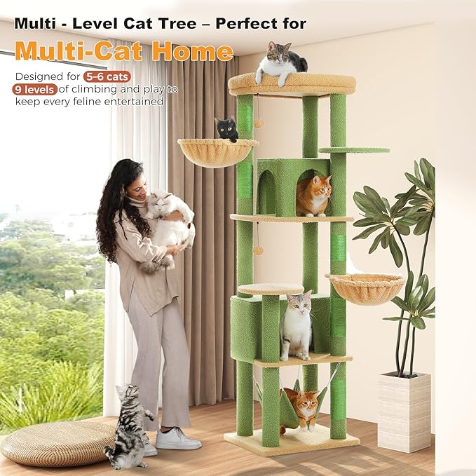 71.2" Large Cat Tree for Multi-Cat Households - 9-Level Cat Tower w/5 Sisal Scratching Posts, 2 Condos, Soft Hammock, Top Perch & Pom Poms - Heavy-Duty Space-Saving Design, Cactus Green