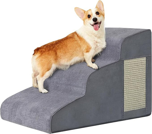 Pet Stairs, Dog Stairs for Small Dogs, Dogs Steps, 3-Step Curved Dog Ramp for Bed, Couch, Sofa, Car and Chairs, Non-Slip Bottom Design, Cat Scratching Board, High Density Foam Portable Pet Step, Grey