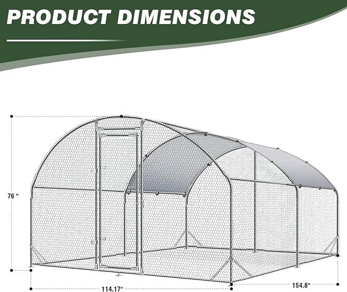 4ever2buy Large Metal Chicken Coop with Run Walk-in Poultry Cage Chicken Runs House Pen Cage Dome Roofed Chicken Coops with Anti-Ultraviolet Cover for Outdoor Yard Farm Use 9.5'W x 12.9'L x 6.3'H