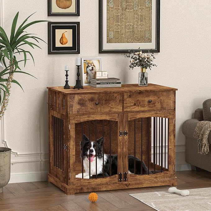 BREEZEHEAT 40 inch Dog Crate Furniture-Farmhouse Dog Kennel with Drawers-End Table Wooden Pet Crate, Double Door Design, Decorative Dog House Indoor for Small Medium Large Dog,Brwon