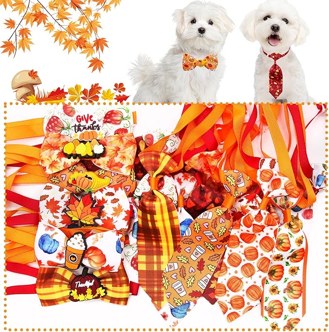 22pcs Fall Dog Bow Tie, Adjustable Bowtie Collar Attachment for Small Medium Pets, Bulk Neckties Set for Thanksgiving Day,Autumn Pet Supplies Charms Hair Costume Accessories(Maple Leaf, Pumpkin)