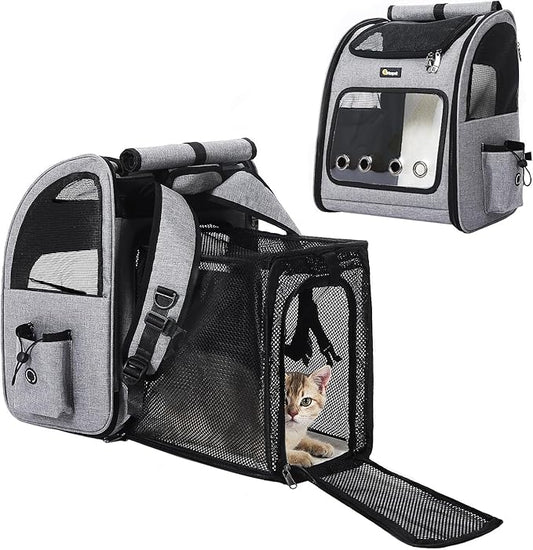 Hoopet Expandable Cat Backpack Carrier – Breathable Pet Carrier for Small Cats & Dogs, Foldable Travel Backpack with Mesh Ventilation for Hiking, Walking, Camping, Light Grey