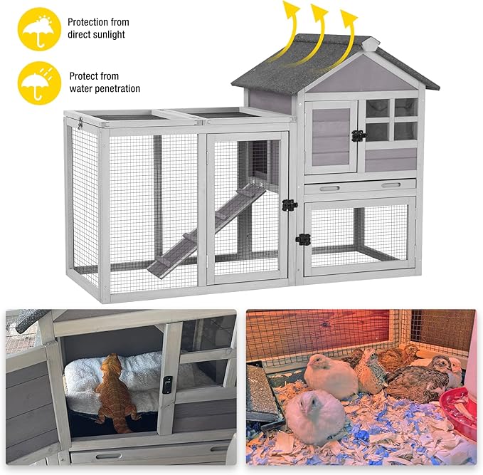 Aivituvin Rabbit Hutch Indoor Bunny Cage Outdoor with Run Chicken Coop Guinea Pig House with Waterproof Asphalt Roof,No Leakage Pull Out Tray