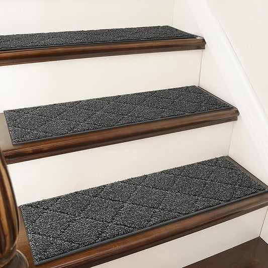COSY HOMEER Edging Stair Treads Non-Slip Carpet Mat 28inX9in Indoor Stair Runners for Wooden Steps, Edging Stair Rugs for Kids and Dogs, 100% Polyester TPE Backing (7pc, Black,)