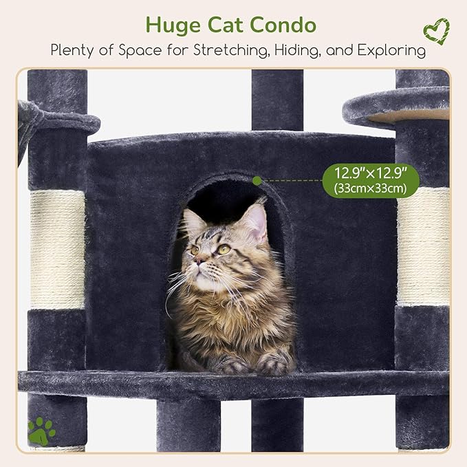 Globlazer Corner Cat Tree Tower for Indoor Cats, 51in Multi-Level Cat Condo Tower with Large Hammock, 7 Sisal Scratching Posts, Oversized Top Perch, Spacious Cat Cave, Hanging Basket, C51, Dark Grey