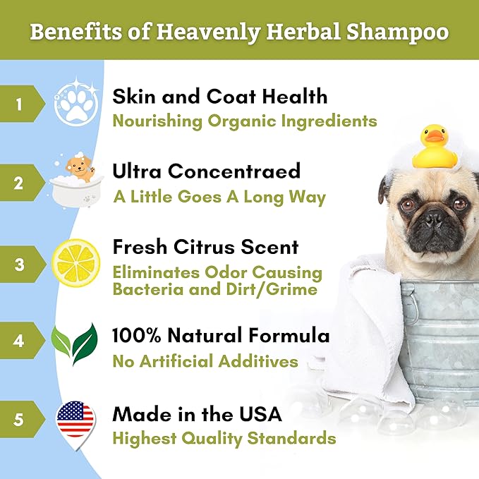 Wholistic Pet Organics Pet Shampoo Concentrate: Heavenly Herbal Organic Dog Shampoo and Conditioner - All Natural Puppy and Cat Shampoo for Dry, Itchy Skin, Allergies, Dandruff Shampoo