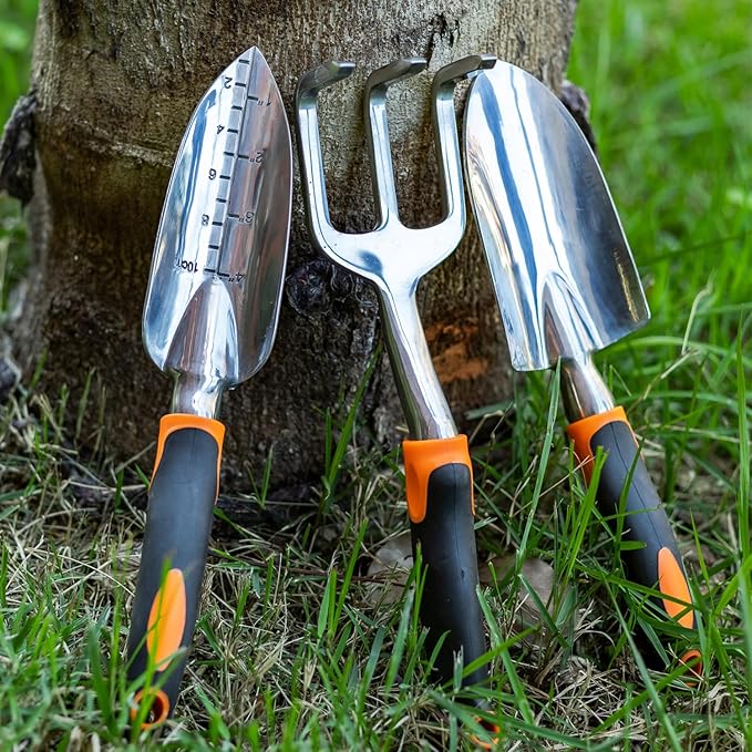ESOW Garden Tool Set 7 PCS, Includes Cast-Aluminum Heavy Duty Hand Trowel, Transplant Trowel, Hand Rake, SK-5 Steel Gardening Scissor, Plant Tie, Bag & Gloves, Tool Kit Gifts