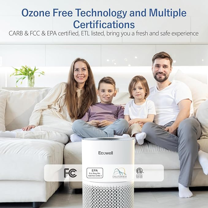 Air Purifiers for Home Large Room with Air Quality Sensor, Covers Up to 1640 Sq Ft, HEPA Filter, 360°Air Intake, Remove 99.97% Mold, Pet Dander, Dust, Odor, Smoke, ECOWELL Model: EAP360, White