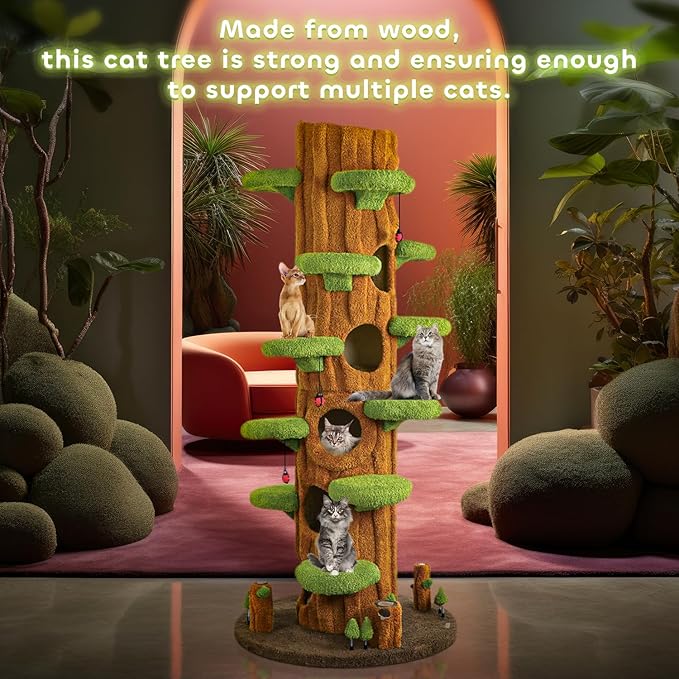 90.5'' Luxury Cat Tree for Indoor Cats, All-in-One Tall Cat Tower with Scratching Post, Multi-Level House, Wood Condo for Multi-Cat Families (Green)