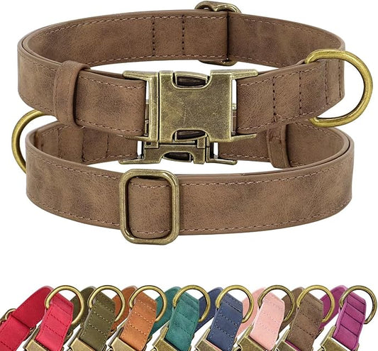 Didog Soft PU Leather Dog Collar, Stylish Quick Released Dog Collar for Large Dogs, Easy Clean Adjustable Pet Collar for Daily Walking, Brown, L Fit 15-23" Neck