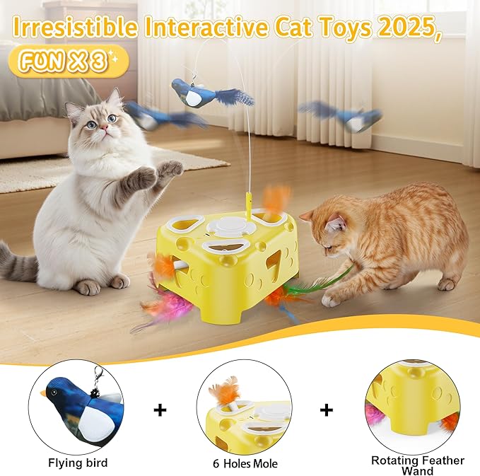 3-in-1 Interactive Cat Toy for Indoor Cats,Automatic Kitten Toys,Flying Bird,6 Holes Mole,Rotating Feather, USB Rechargeable Electronic Interactive Feather Toy for Bored Adult & Kitten Cats