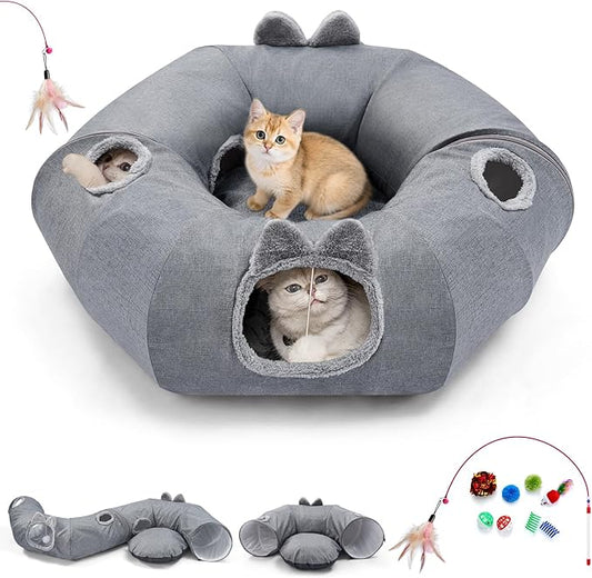Odoland Summer Linen Cat Tunnels for Indoor Cats with Cooling Central Cat Bed, Interactive Cat Toys Detachable Soft Mat and Variety Kitty Toy Set Grey