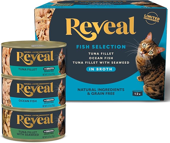 Reveal Natural Wet Canned Cat Food, Limited Ingredient, Grain-Free, Protein with No Artificial Additives, Fish Variety in Broth (12 x 2.47 oz Cans)