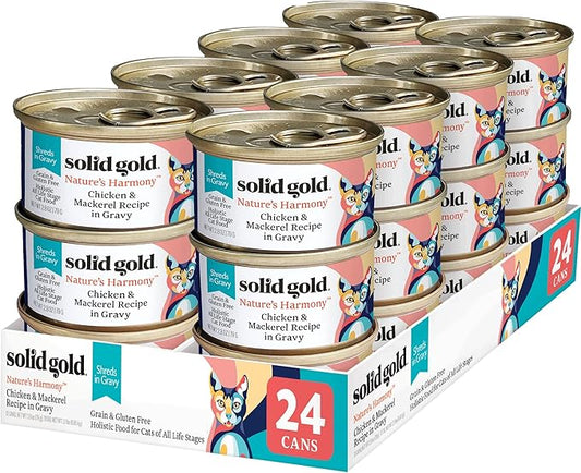 Solid Gold Wet Cat Food Shreds in Gravy - Healthy Canned Cat Food Made w/Real Chicken & Mackerel Shreds, Vitamins & Minerals - Grain Free & Gluten Free Canned Meals for Cats & Kittens - 24ct/3oz Can