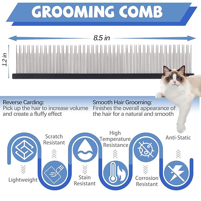 8.5 Inch Upgrade Black Professional Cat Comb,Dual-Tooth Pet Grooming Comb Anti-Static Smooth Rounded Corners Prevent Friction Breakage and Irritation,Removing Tangles,Knots,Undercoat and Excess Hair