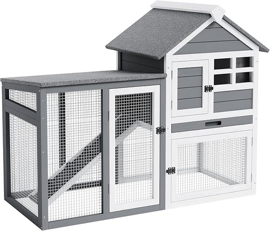 2-Tier Rabbit & Chicken House,Wooden Chicken Coop & Bunny Cage with Non-Slip Ramp, 4 Doors,Waterproof Roof & Pull-Out Tray,Outdoor/Indoor Pet Cage