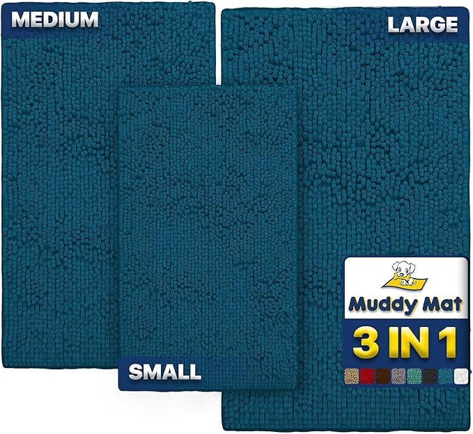 Muddy Mat® Pack of 3 Highly Absorbent Microfiber Dog Door Mat and Pet Rug, Non Slip Thick Washable Area Mat Soft Chenille for Kitchen Bathroom Bedroom and Outdoor - Atlantic Blue Small, Medium & Large