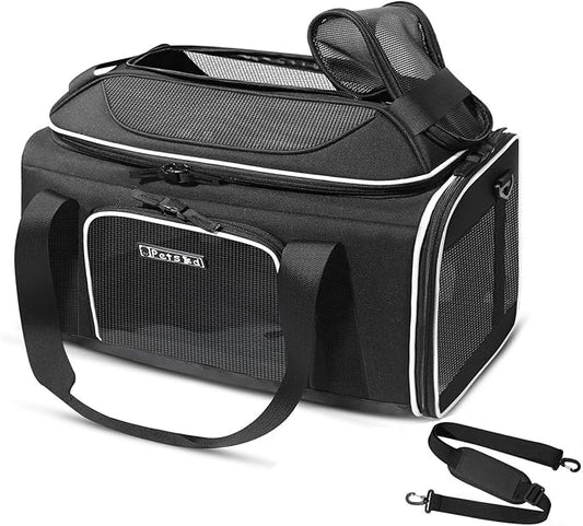 Petskd Top-Expandable Pet Carrier 17x12x8.5 Inches JetBlue Allegiant Spirit Airline Approved, Soft-Sided Carrier for Small Cats and Dogs with Locking Safety Zippers and Anti-Scratch Mesh(Black)
