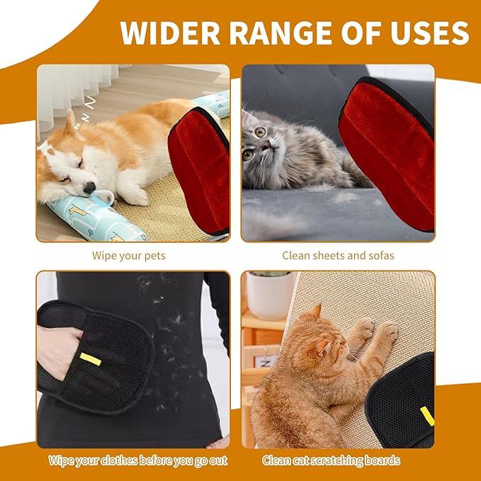 2PCS Electrostatic Pet Grooming Gloves, Reusable Hair Remover for Dog Cat Fur on Clothes Furniture Car Seat/Red