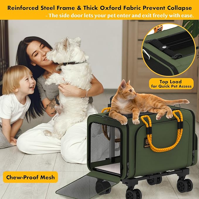 PAWZIDEA Pet Carrier with Wheels, 18x11x11 TSA Airline Approved Cat Carrier for 2 Cats Under Seat, Expandable Soft-Sided Dog Carrier for Small Dogs Rolling Travel Bag with Telescopic Handle, Foldable