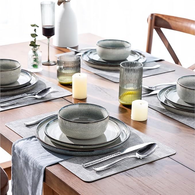 GBHOME Ceramic Dinnerware Sets for 4, 12 Pieces Stoneware Plates and Bowls Sets, Reactive Glaze Dishes -Scratch Resistant, Dishwasher&Microwave Safe, Green Wheat