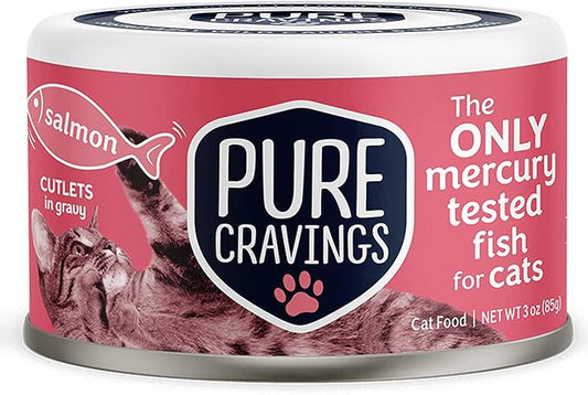 Wet Cat Food Canned Salmon Cutlets in Gravy, 100% Mercury-Tested, Moist Can Fish for Cats, Grain-Free, Protein, Non-GMO, Pack of 12