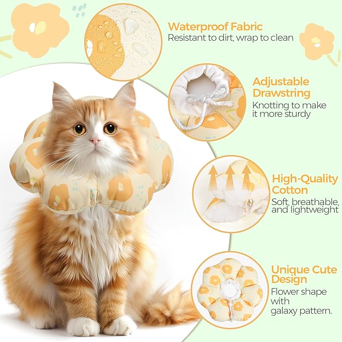 ComSaf Cat Cone Collar Soft - Cat E Collar Cones to Stop Licking, Recovery Elizabethan Collar for Cats After Surgery, Soft Cone for Medium Cats, Waterproof & Lightweight, Yellow Flower, M