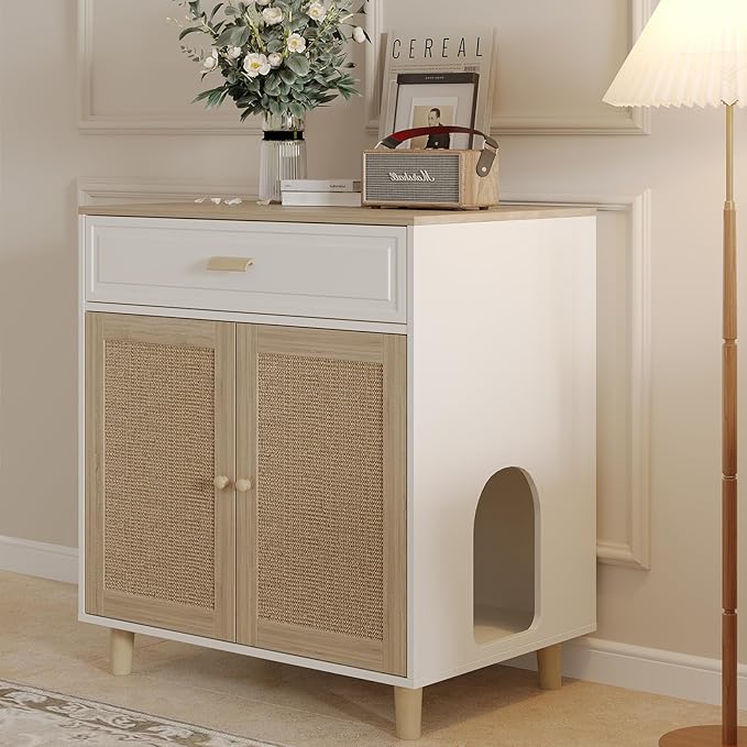 Cat Litter Box Enclosure Furniture Hidden - Indoor 2-in-1 Wooden Cat House & Washroom Cabinet with Scratching Board Doors and Drawer, 31.5”x21.6”x34.6”H