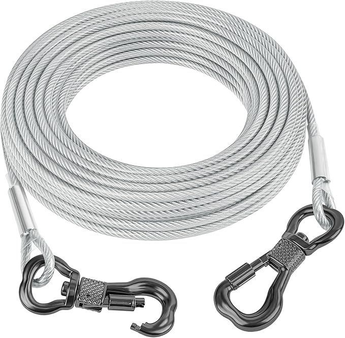 Tresbro 20FT Reflective Tie Out Cable for Dogs Up to 250 Pounds, Steel Wire Lead Leash Cable with Stainless Dual Fix Buckle, Lightweight and Enduring, Outdoor Dog Chains for Outside,Yard,Camping