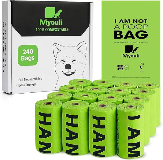 Certified Compostable Poop Bags for Dogs, 240 Poop Bags (16 Rolls), Landfill Friendly, Leak Proof Unscented Easy Open Poop Waste Bag（Green）