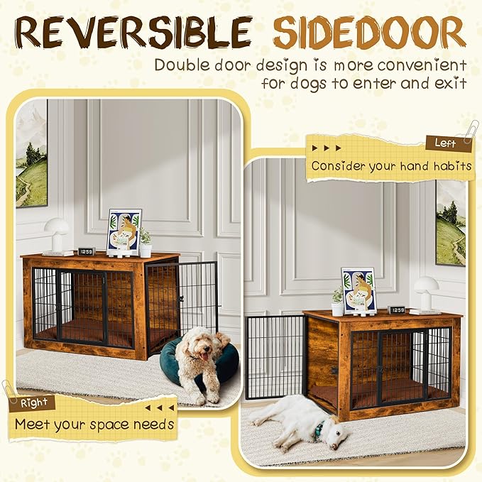 Bigrab Dog Crate Furniture with Thick Cushion, Side End Table Wooden Dog Cage with Double Doors, Chew-Resistant Dog Kennel Dog House Indoor for Small to Large Dog, M