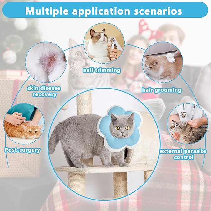 Cat Cone Collar Soft, Waterproof Cats Cones to Stop Licking After Surgery, Adjustable Soft Elizabeth Cats Collars for Wound Healing, Flower Shape Cat Recovery Collar (Blue, Small)