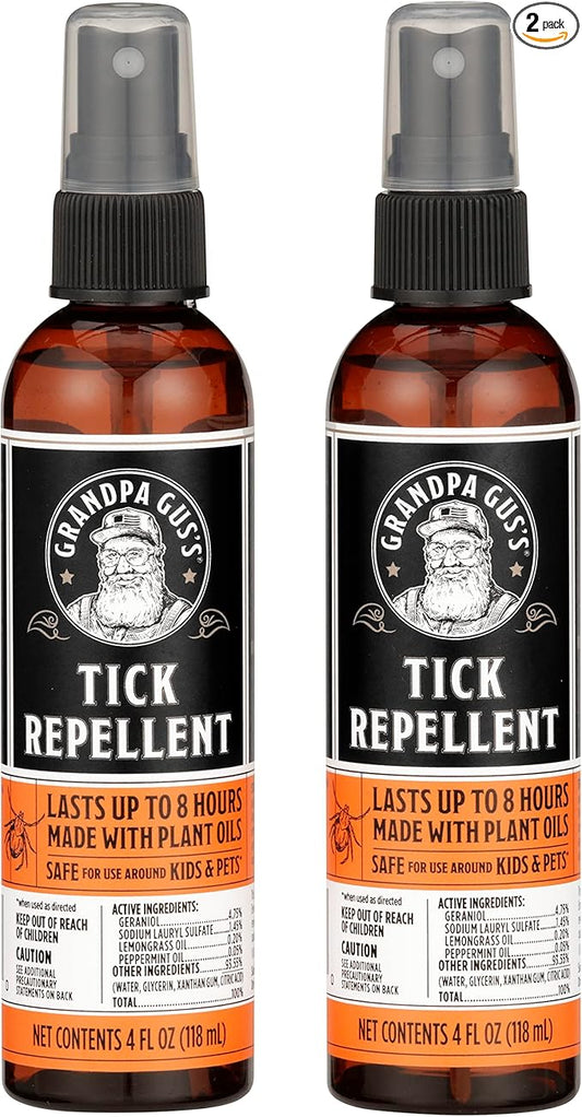 Grandpa Gus's Natural Tick Repellent Spray with Essential Oils - for Humans, DEET-Free, Up to 8 Hours of Protection, Camper Essentials, Safe Around Kids and Dogs, 4 oz (Pack of 2)