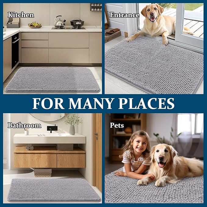 OLANLY Dog Door Mat for Muddy Paws 30x20, Absorbs Moisture and Dirt, Absorbent Non-Slip Washable Doormat, Quick Dry Chenille Mud Mat for Dogs, Entry Indoor Entryway Carpet for Inside Floor, Light Grey