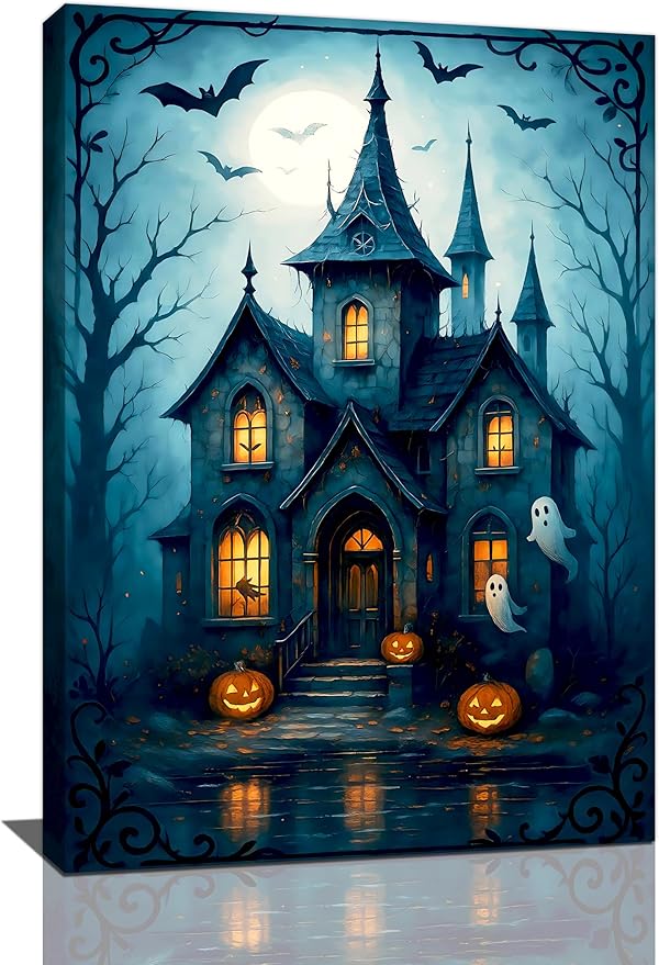 Halloween Gothic Wall Art Castle Pumpkin Ghost Bat Canvas Wall Decor Dark Academia Pictures Painting Print Framed Artwork Decorations Gifts for Halloween Living Room Bedroom Office 16"x24"