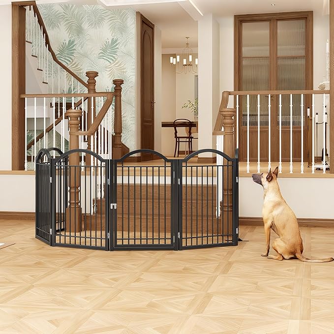 BHG Metal No-Assembly Freestanding Dog Gate with Door Walk Through, Extra Wide 120", Extra Tall 32" Pet Gate, Accordion Puppy Folding Playpen Dog Fence, with 2PCS Support (Black, 5 Panels)