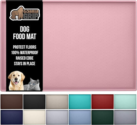 GORILLA GRIP 100% Waterproof Raised Edge BPA Free Silicone Pet Feeding Mat, Dog Cat Food Mats Contain Spills Protects Floors, Placemats for Cats and Dogs Water Bowl, Pets Accessories 28x18 Pink