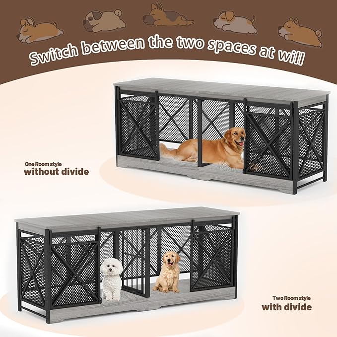 COZPAW 78 Inch Double Dog Crate Furniture, Extra Large Dog Kennel Indoor for Medium Large 2 Dogs, Heavy Duty Dog Cage Chew-Resistant Steel and Wooden Pet House with Removable Divider (Grey)