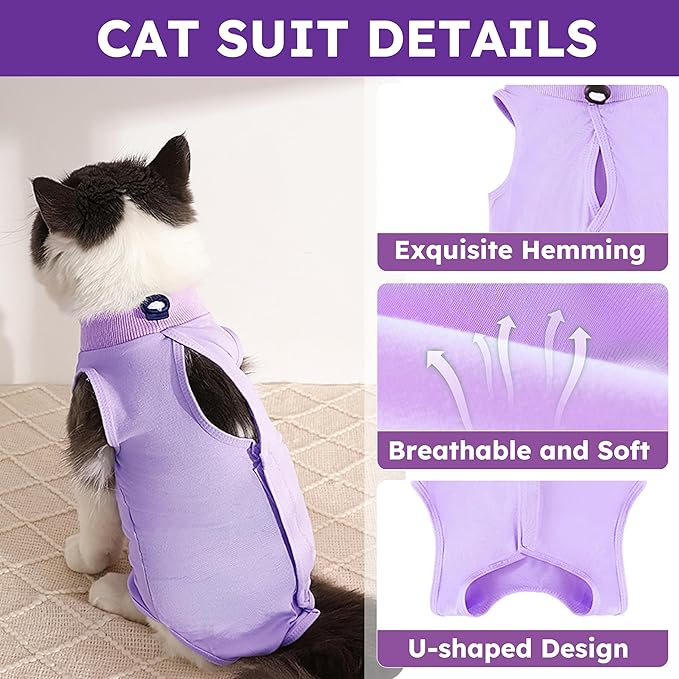 Cat Recovery Suit, Breathable Cat Surgery Recovery Suit Female, Cat Onesie for Cats After Surgery Spay Surgical Abdominal Wound Skin Diseases Cone of Shame Alternative Purple(M)