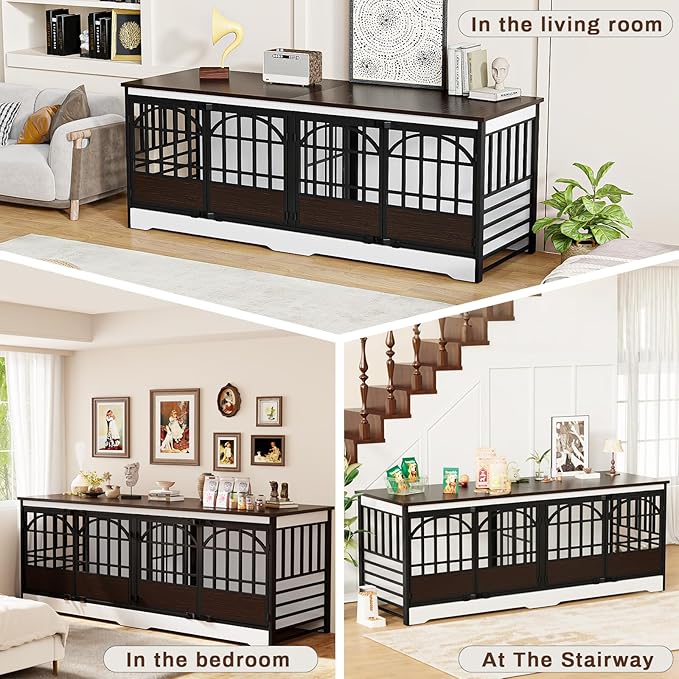 COZPAW 86 Inch Double Dog Crate Furniture for 2 Large Dogs, Decorative Dog Kennel Indoor TV Stand, Heavy Duty Wooden Dog Cage for Large Medium Dogs Sized Dog Pet House with Divider (White)